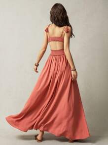 Bohemela 度假風格女式長款沙灘連衣裙，桃花心木色 - 紅木色 - 查看 2