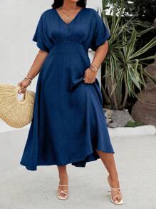 EMERY ROSE Plus Size Solid Color Gathered Waist Long Batwing Sleeve Holiday Casual Dress Maxi Women Outfit - Navy Blue - View 6