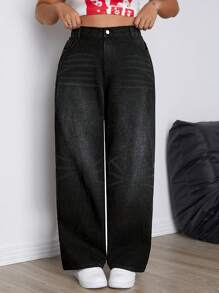 SHEIN EZwear Jeans de novio rectos informales con botones y bolsillos, de unicolor, para tallas grandes