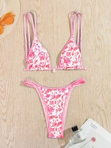 SHEIN Swim Conjunto de bikini de cintura alta sexy para mujer con estampado floral para playa de verano, tazas acolchadas extraíbles - Multicolor - Ver 4