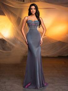 Glamrae Elegant Gradient Knitted Slim Strap Bra Cup With Rhinestone Decoration Side Cutouts Sexy See-Through Sheer Fabric High-Waist Cinched Mermaid Dress With Long Train, Perfect For Graduation Season, Wedding Season, Vacation, Singles Party And Evening Events