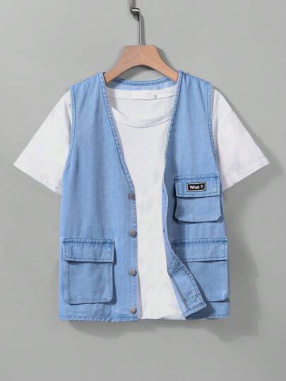 SHEIN Tween Boy Casual Cargo Pocket Washed Denim Vest Jacket,For Outdoor Look