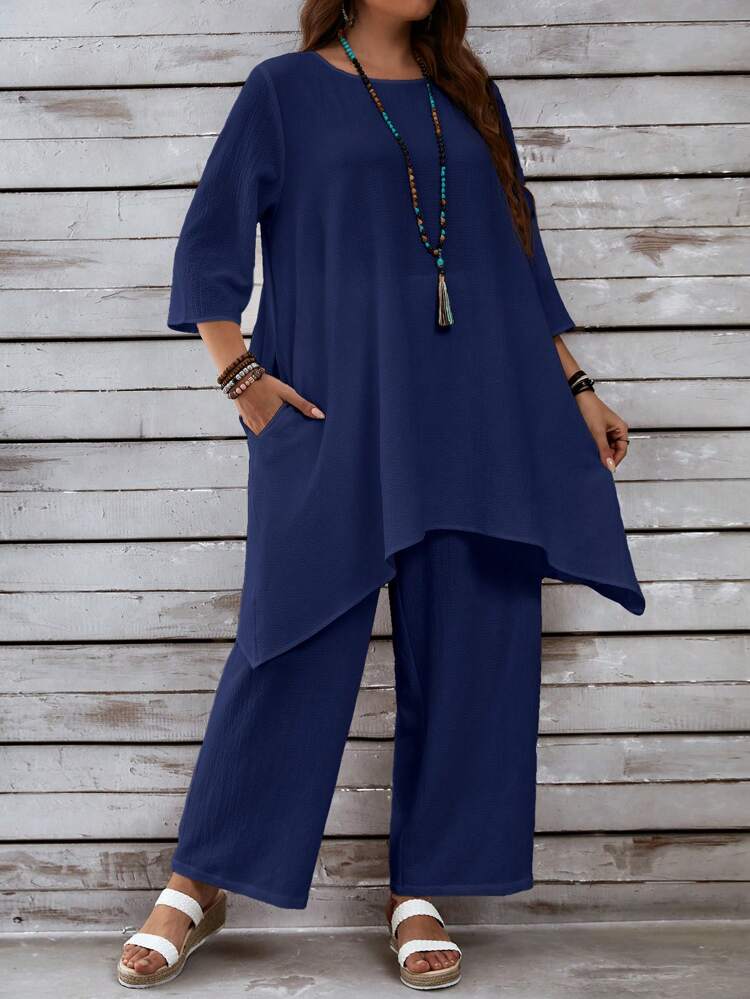 Plus Size Women's Summer Loose Fit Top With PocketsAnd Pants, Casual White Linen Set With Asymmetrical Hem And Three Quarter Sleeves