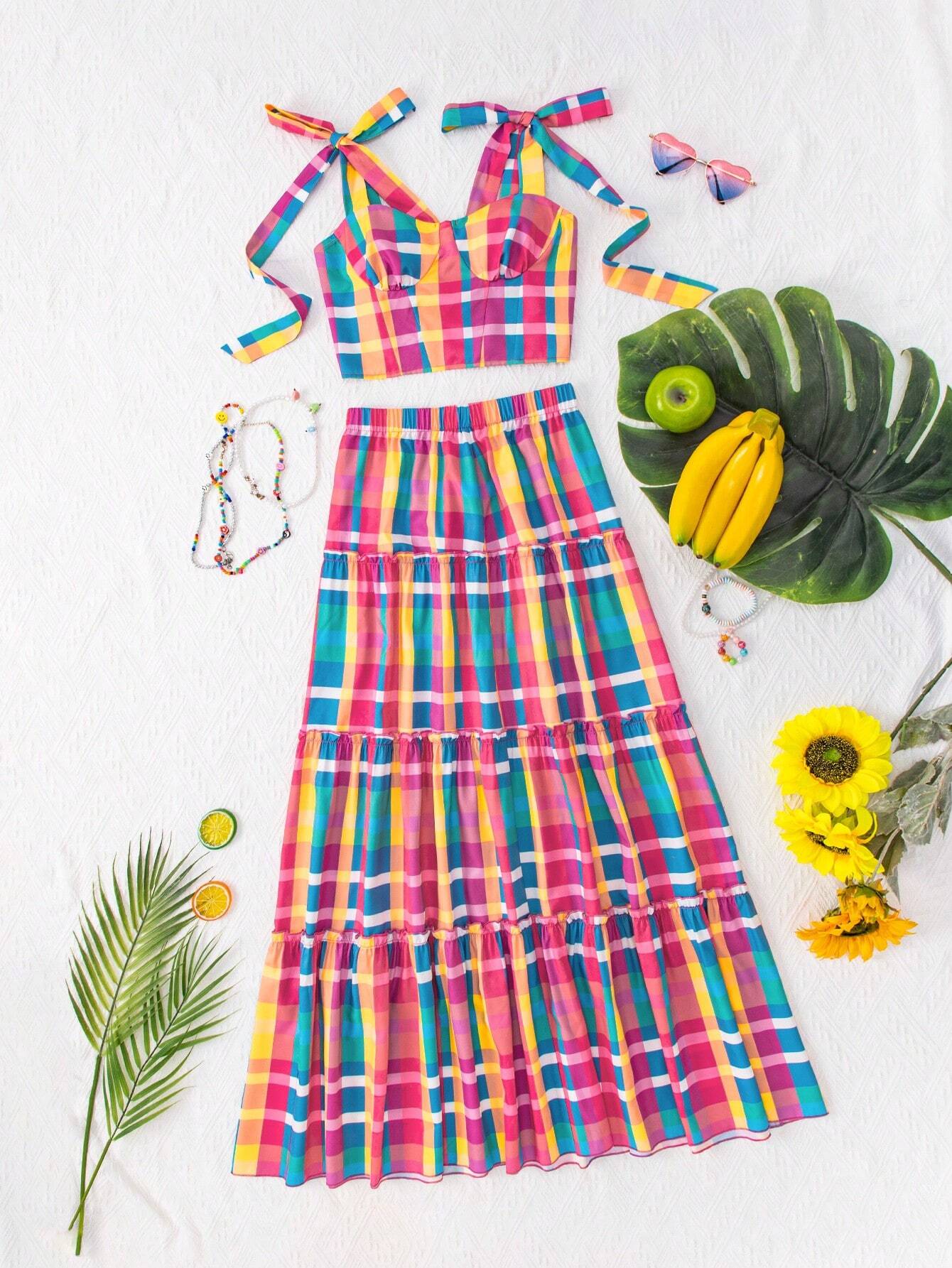 Brzil Ruffles SHEIN VCAY Brazil Festa Junina Summer Women Outfits Multicolored Plaid ...