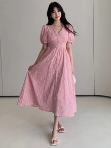 DAZY 女士夏季镂空刺绣收腰连衣裙度假装束女士长裙 - 粉色 - 查看 3