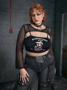 Harley Quinn X SHEIN Parte superior ajustada de malla con estampado de retrato de dibujos animados y graffiti, de estilo avant-garde, sexy y de punk oscuro, para tallas grandes - Negro - Ver 8
