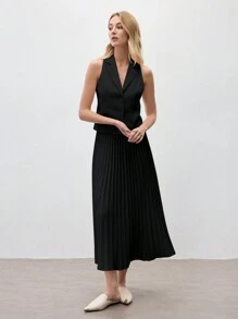BizChic 2025 Summer Women's Apricot Solid Color Sleeveless Lapel Vest & Skirt Set, Romantic Elegant Everyday Fashion Business Casual Commuter Chic Vintage Style Women's Casual Suit, Women's Office Wear In Fall/Winter - Black - View 3