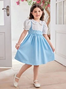 SHEIN Vestido de 2 en 1 con estilo elegante y de princesa para niña, con bloqueo de color, encaje bordado, cuello Peter Pan, mangas abullonadas y longitud hasta la rodilla, adecuado para el verano, volver al colegio, fiestas, actuaciones, reuniones familiares, vacaciones y viajes