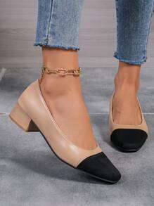 Chunky Heel Patchwork Leather Women's Pumps, Spring/Autumn 2024 New High Heel Patchwork Pointed Toe Shoes