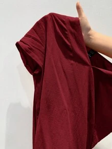 EMERY ROSE 夏季V領舒適寬鬆短袖連衣裙 - 酒紅色 - 查看 6