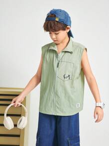 SHEIN 兒童小孩休閒韓風领立領袖口袋拉鍊寬鬆工裝編織背心外套（有吊牌），適用於日常穿著、度假、運動和各個季節 - 綠色 - 查看 5