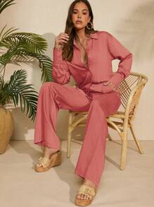 SHEIN Unity Crop Top & Wide Leg Pants & Shirt Set - Rust Brown - View 8
