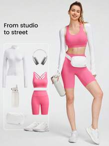 GLOWMODE Conjunto de sostén deportivo FeatherFit™ y shorts de 8'' con parte superior de tanque con cintas en la espalda y shorts de bicicleta de cintura alta con bolsillos laterales para yoga de bajo impacto, correr diariamente, entrenamiento en el gimnasio, verano