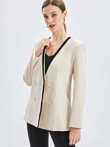 BizChic Women's Regular Fit Collarless Coat With Double-breasted Buttons And Contrast Trim - Apricot - View 6
