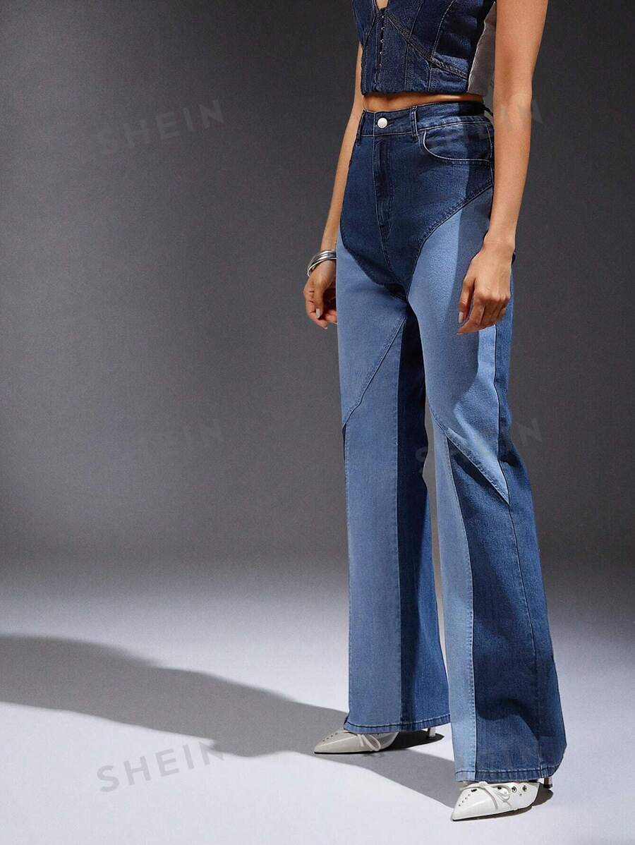 Denimoi Jeans con piernas acampanadas y cintura alta en bloques de color