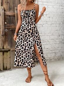 SHEIN Frenchy Women's Floral Allover Print Vacation Casual Split Hem Cami Dress Date Night Dress,Summer DressesSpring Clothes Leopard Cheetah