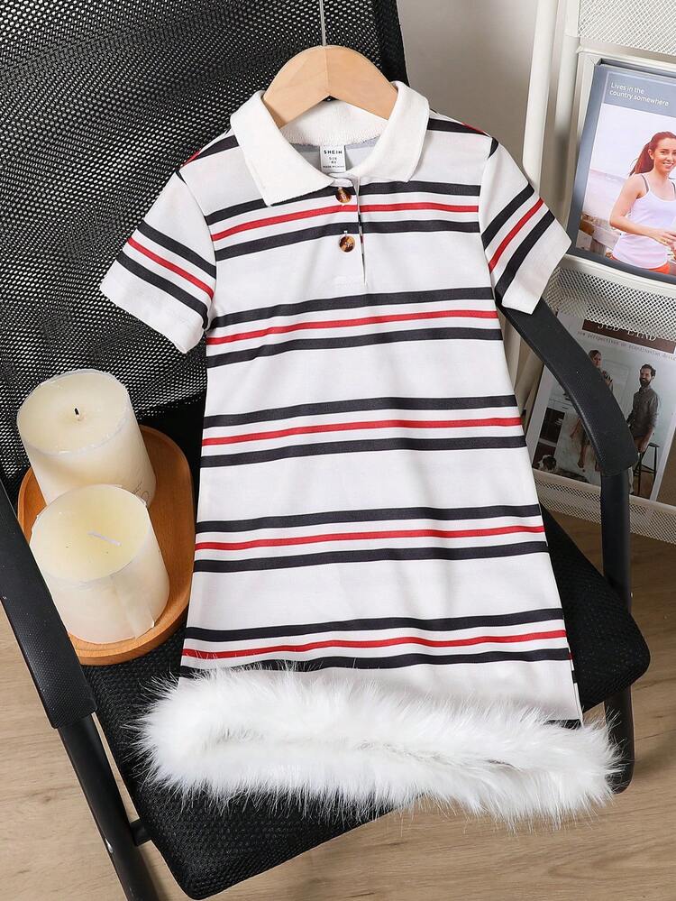 Young Girls Casual Fashionable White Fluffy Polo Collar Dress With Classic Red & Black Striped Design, Ideal For Spring And Summer Sports And Fashion