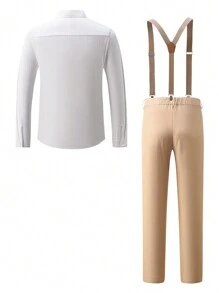 Conjunto de camisa de vestir blanca de manga larga para hombre y pantalón caqui - Blanco - Ver 2