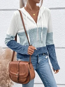 EMERY ROSE Women's Spring And Summer Color Block Zipper Half Placket Long Sleeve Hooded Casual T-Shirt Graphic Tees Women Tops For Spring Outfit