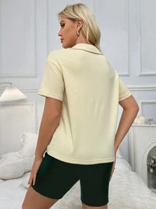 Letter Printed Zipper Half Placket Polo Collar Short Sleeve Top And Shorts Set Sports
