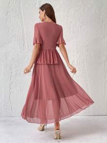 Modelyn 女士簡約純色透明網紗上衣裙子套裝，日常穿著 - 粉色 - 查看 2