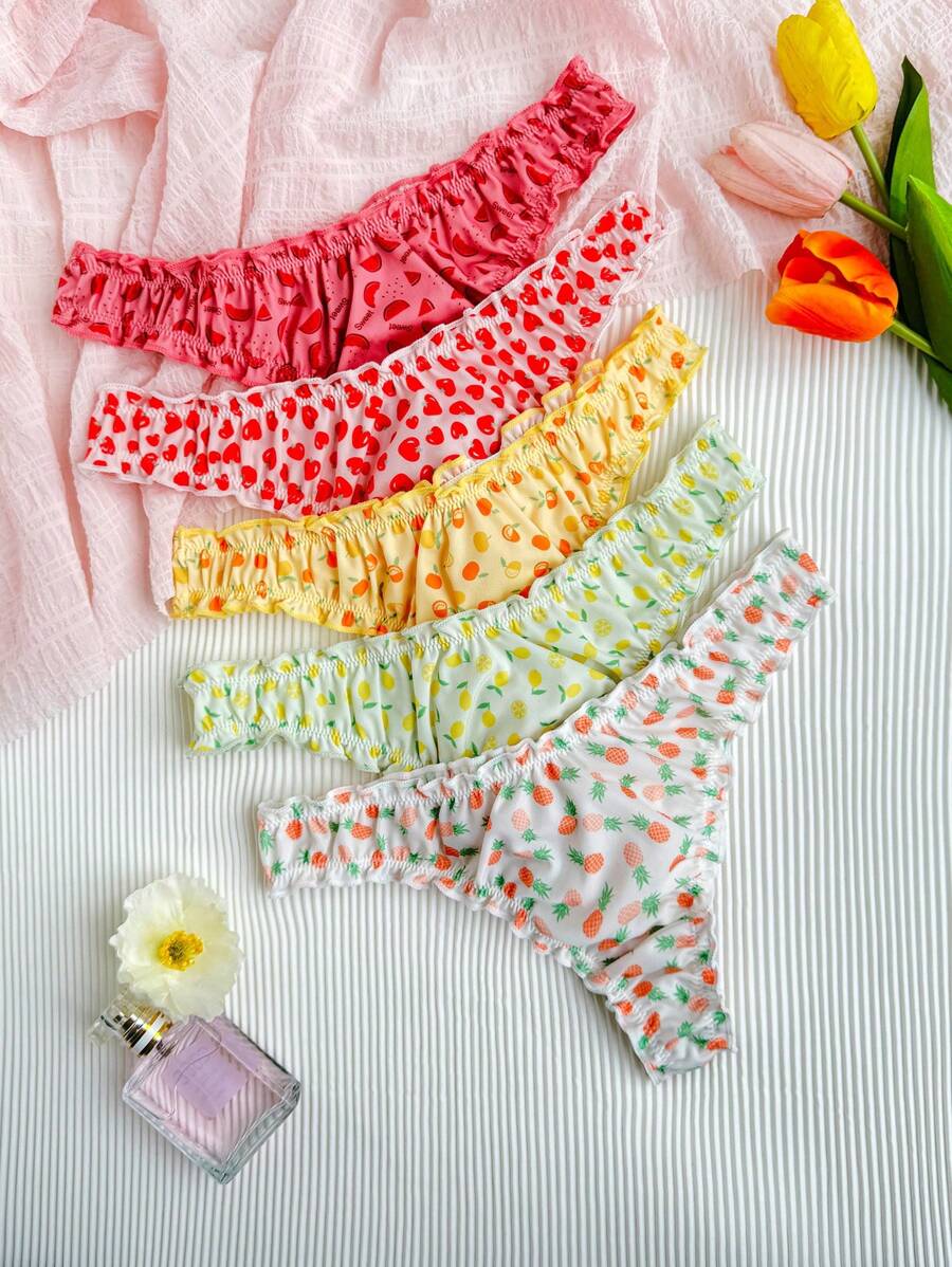 PetitDoll 5pcs Fruit Printed Comfortable Sexy Panties With Sweet Ruffled Edges - Multicolor - View 1