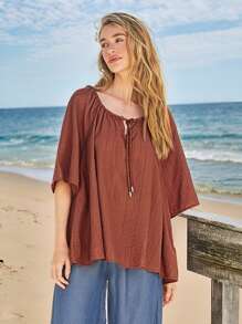 Forever 21 Chemise de vacances décontractée pour femmes, unie de couleur unicolore avec nouage à l'encolure