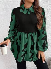 SHEIN LUNE Plus Size Women's Leopard Print Long Sleeve Shirt Collared Top, Fall - Dark Green - View 6