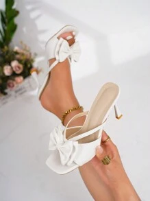 planare Women's Elegant Fashionable Square Toe Stiletto Heeled White Sandals With PU Strap, Bowknot, Slip-On For Comfortable Daily Wear, Summer Valentines - White - View 2