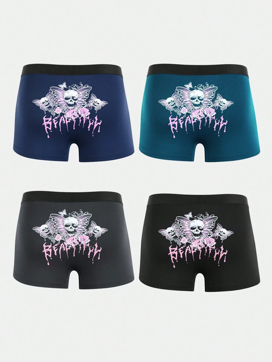 Men's Basics Multicolor Letter Skull Print Trunks 4 Pack Medium Stretch Fabric Boxers - Multicolor - View 1