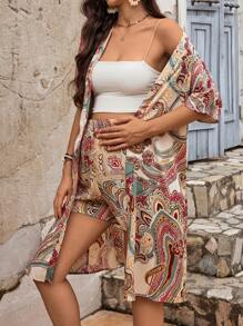 SHEIN 孕婦花卉印花休閒開衫和短褲度假套裝 - 彩色 - 查看 3