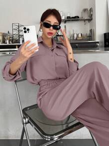 DAZY Women's Spring/Summer Casual Solid Color Long Sleeve Shirt And Pants Two Pieces Set,Fall Women Clothes