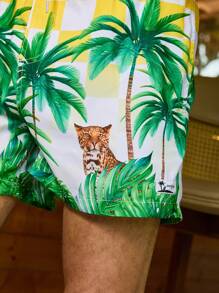 Surfspeed Herren Beach Shorts mit Palmen- und Leoparden Muster und Binde-Taille für lockere Passform im Urlaub - Gelb - Übersicht 7