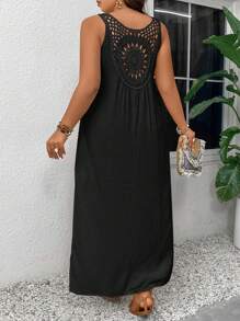 Embrisa Plus Size Texture Crepe V-Neck Lace Splicing Sleeveless Dress With Side Slit - Black - View 5
