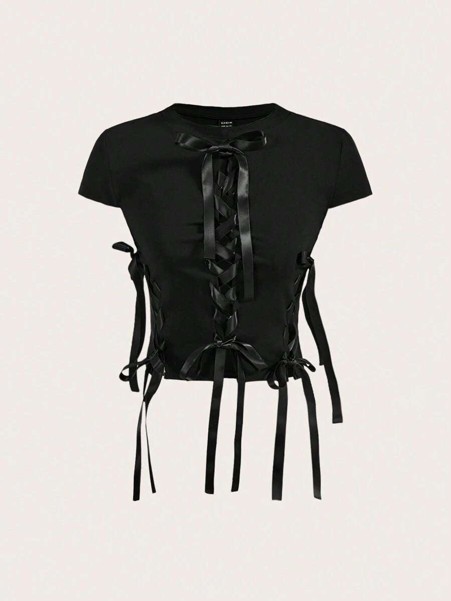 SHEINNeu Summer Kawaii Balletcore Braid Bow Ribbon Short Sleeve Round Neck T-Shirt K-Pop Club Holiday - Black - View 1