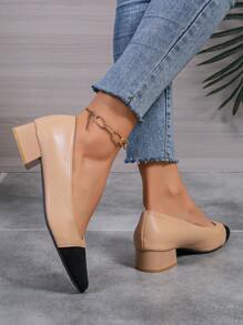 Chunky Heel Patchwork Leather Women's Pumps, Spring/Autumn 2024 New High Heel Patchwork Pointed Toe Shoes