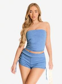 SHEIN BAE Pleated Denim Bustier Top&Summer&Summer Women Tops&Tops&Country Concert - Blue - View 4