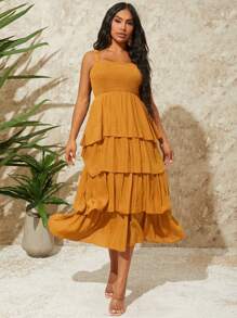 SHEIN SXY Vestido de estilo festivo para mujer con dobladillo de volantes de unicolor y tirantes de verano