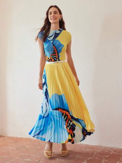 MOTF PREMIUM 植物印花百褶裙(不含腰帶)