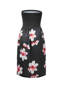 Women's Floral Print Patchwork Strapless Tube Dress, Summer Beach Cover-Up - Black - View 5