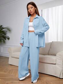 SHEIN EZwear 藍色編織襯衫和闊腿褲，休閑女裝套裝 - 藍色 - 查看 4