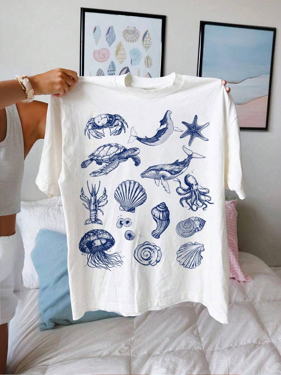 Summer White Tee, Loose-Knitted Oversized T-Shirt With Simple Blue Marine Life Prints For Teen Girls, Suitable For Summer - White - View 1