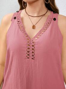 SHEIN LUNE Plus Size Solid V-Neck Sleeveless Hollow Dress With Pockets - Pink - View 6