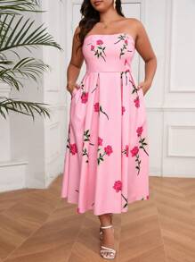 SHEIN Privé Plus Size Summer Elegant A-Line Rose Printed Sundress With Pockets, Suitable For Dating, Vacation, Afternoon Tea And Outdoor Activities, Pink