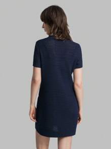 Ontre Casual Women Solid Color Round Neck Short Sleeve Knitted Sweater Dress - Navy Blue - View 2