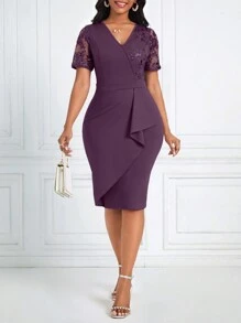 SHEIN Lady Women's Summer Draped Ruffle Short Sleeve Slim Fit Elegant Dress - Red Violet - View 4