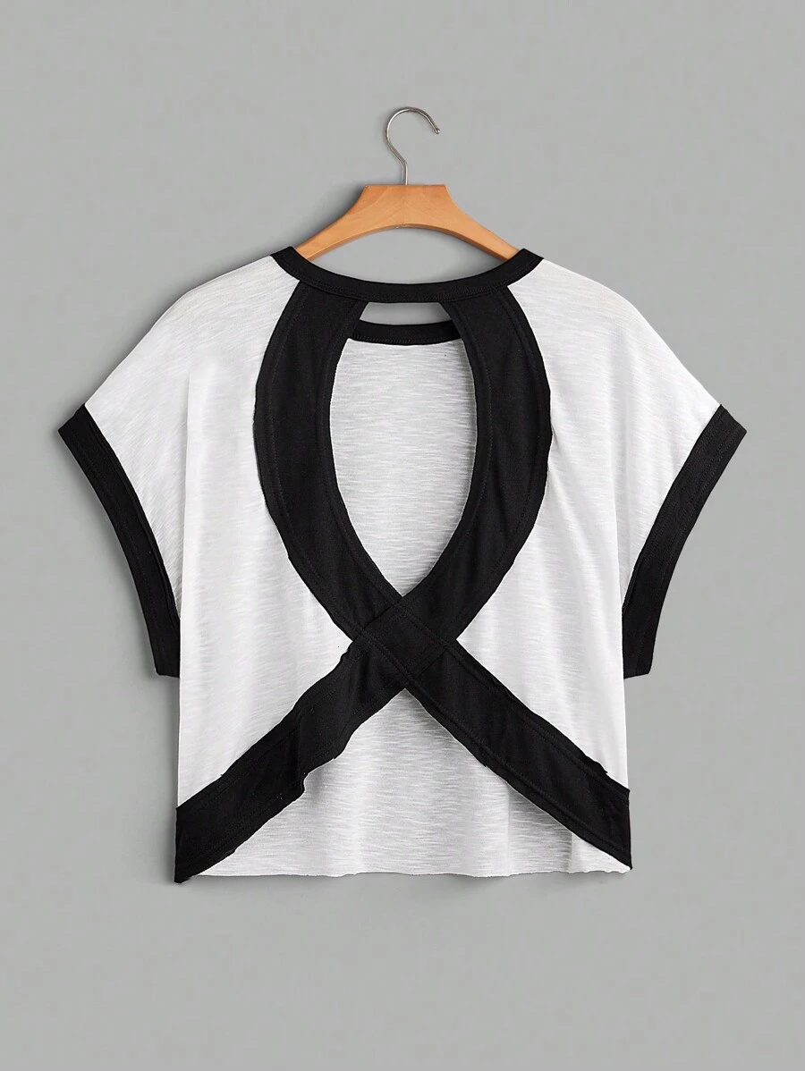 SHEIN Essnce Women's Summer Casual Fit Short Sleeve Batwing Top With Hollow Back And Contrast Color Round Neck Summer T Shirts Summer Women Summer Fits Summer Women Tops Summer Women Black And White - Black and White - View 1