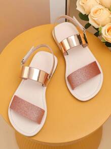 Girls Glitter Hook-and-loop Fastener Flat Sandals, Glamorous Summer Slingback Sandals