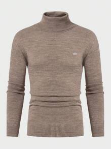 RueChic Jersey de cuello alto ajustado casual para hombre con bordado en el pecho - Camel - Ver 3