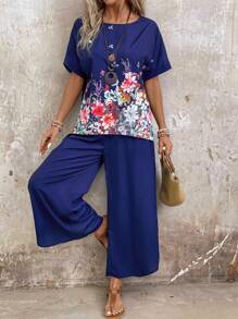 Loose Fit Printed Shirt And Wide-Leg Pants Set With Elastic Waistband - Navy Blue - View 6